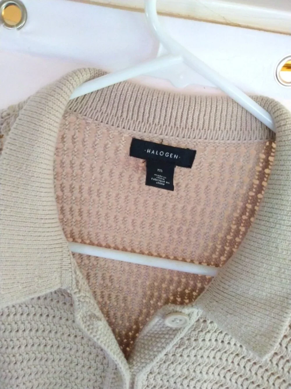 Halogen Beige Cotton Knit Cropped Sweater Cardigan M Boho Chic Relaxed Neutral